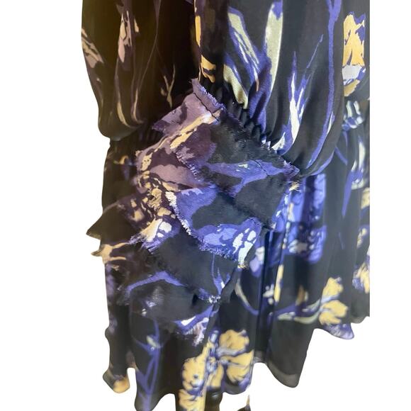 RAMY BROOK MINI DRESS MILENE 100% SILK BLUE FLORAL RUFFLE SMOCKED WAIST SZ S - Picture 11 of 16